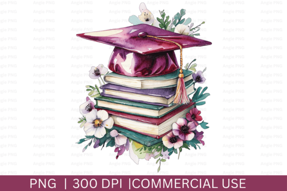 Floral Books, Graduation Cap PNG