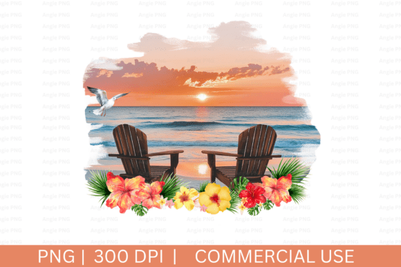 Watercolor Couples Chairs on Beach PNG